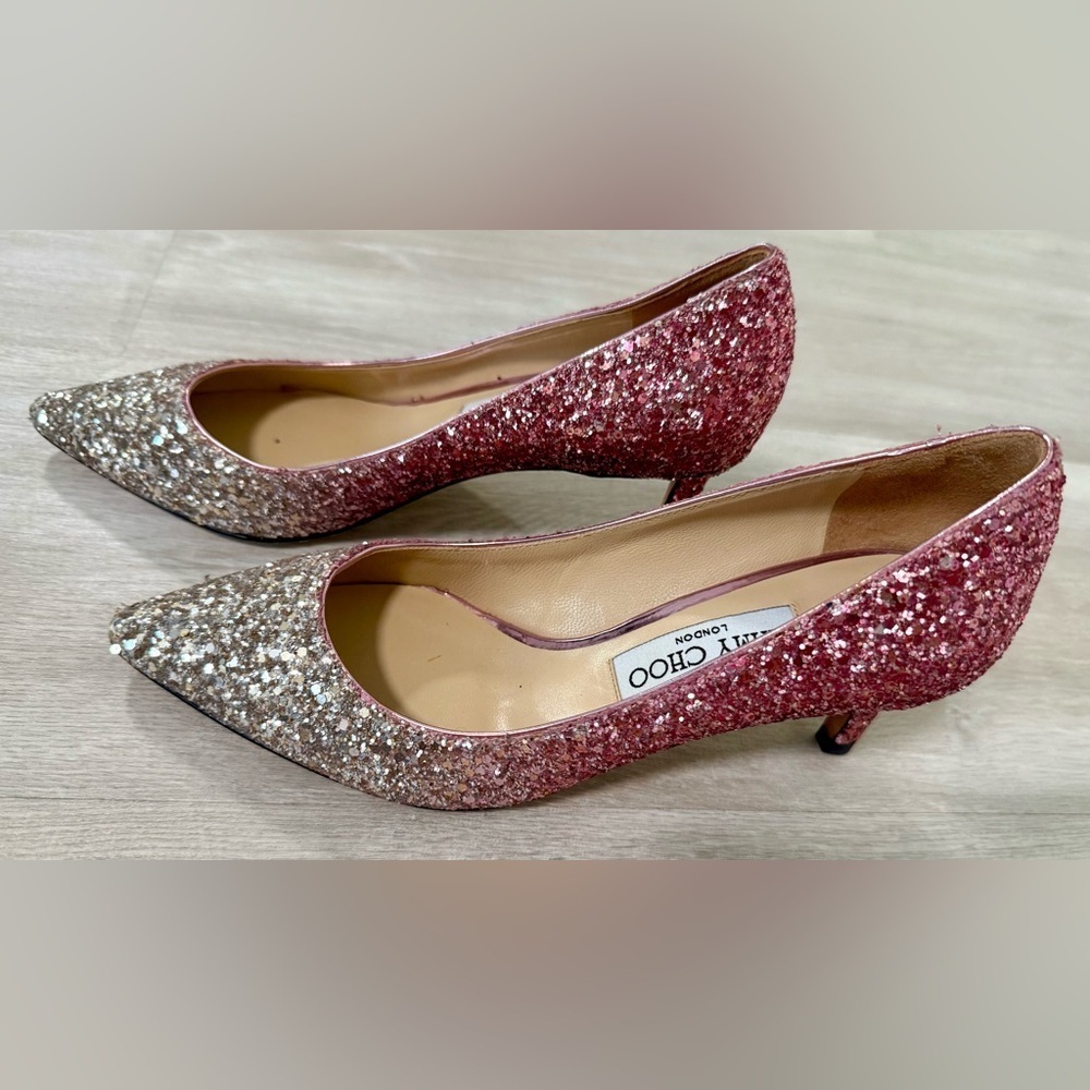 Jimmy Choo Pumps Women Size 35-4.5 Pink Silver Glitter Romy Pointed Toe Sparkle - Picture 11 of 15